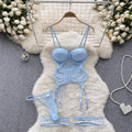 Audrey Padded Mesh Lace Intimate Babydoll Blue Intimate Lingerie Set For Women- Sinderella