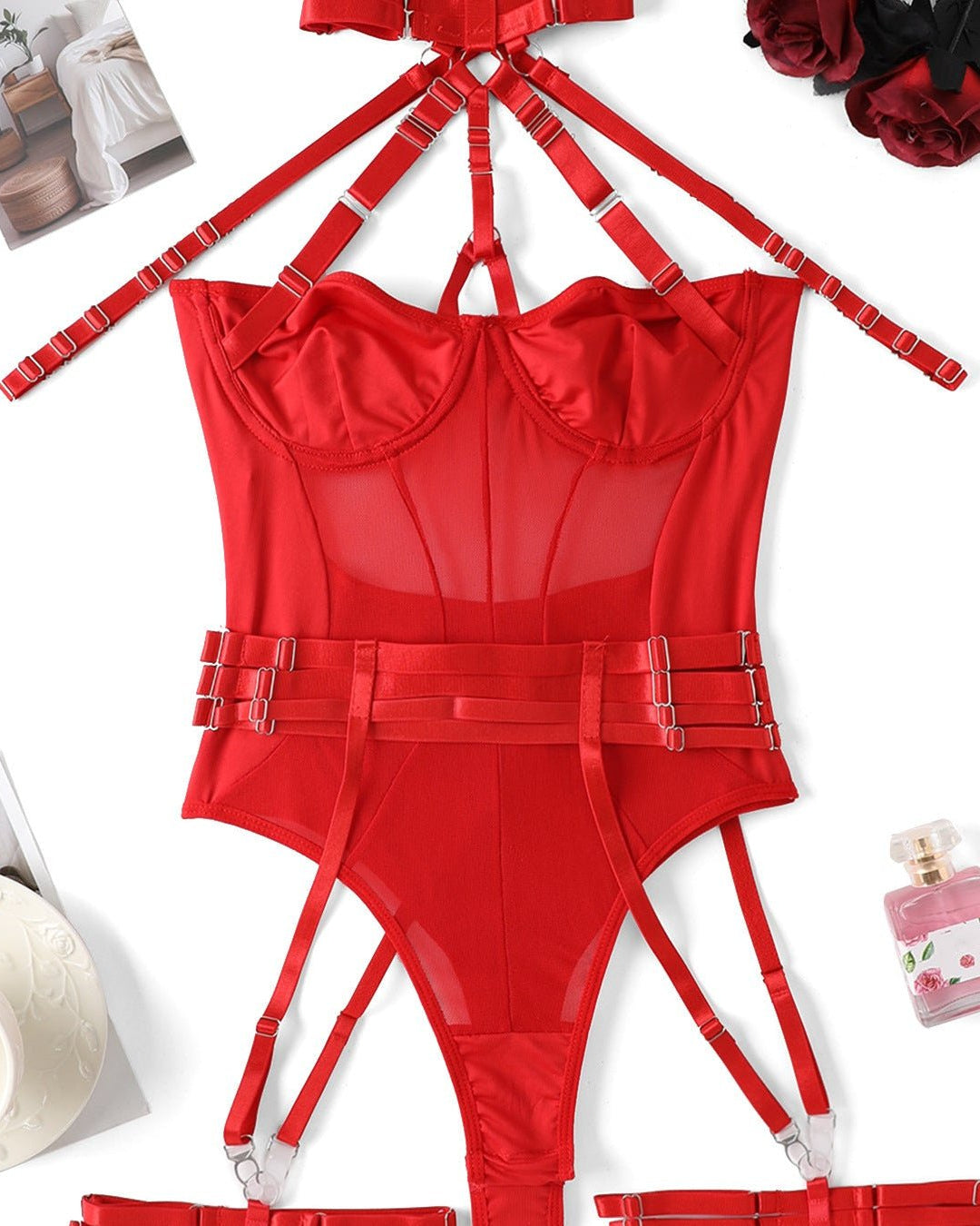 Choke Me Chic Mesh Bondage - Inspired Teddy Lingerie Set - Sinderella