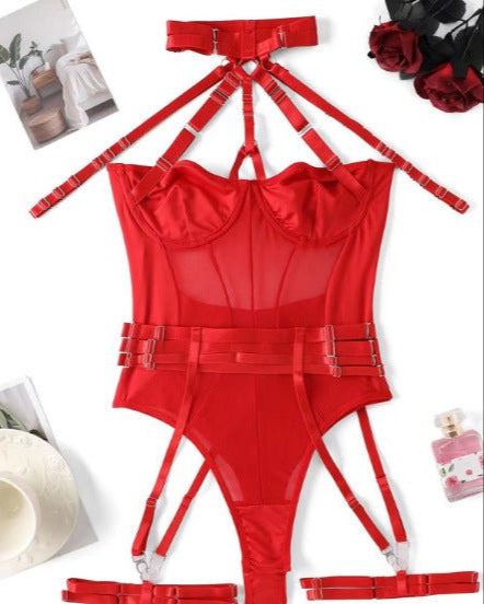Choke Me Chic Mesh Bondage - Inspired Teddy Lingerie Set - Sinderella