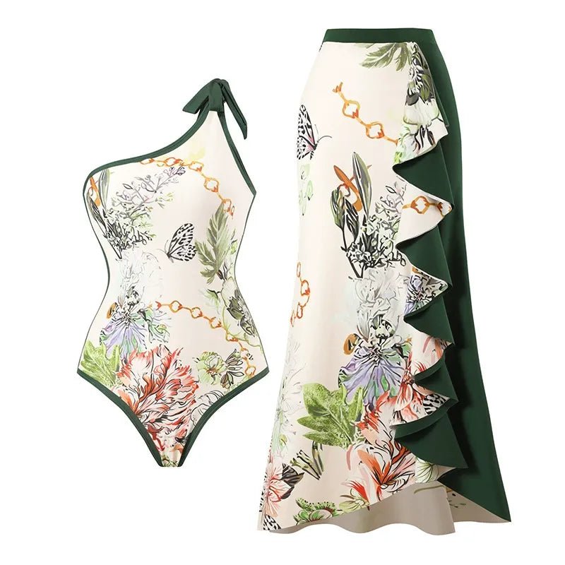 Dark Green Floral High Waisted Two Piece Swimsuit With Ruffled Pencil Skirt by Sinderella - Sinderella