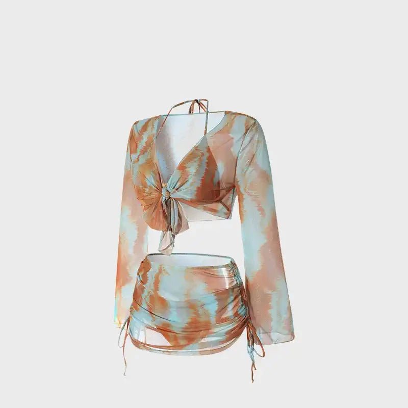 Dual Color Two Piece Tie Bikini With Shrug And Ruched Skirt Coverup By Sinderella - Sinderella