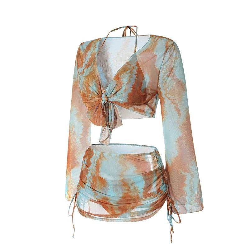 Dual Color Two Piece Tie Bikini With Shrug And Ruched Skirt Coverup By Sinderella - Sinderella