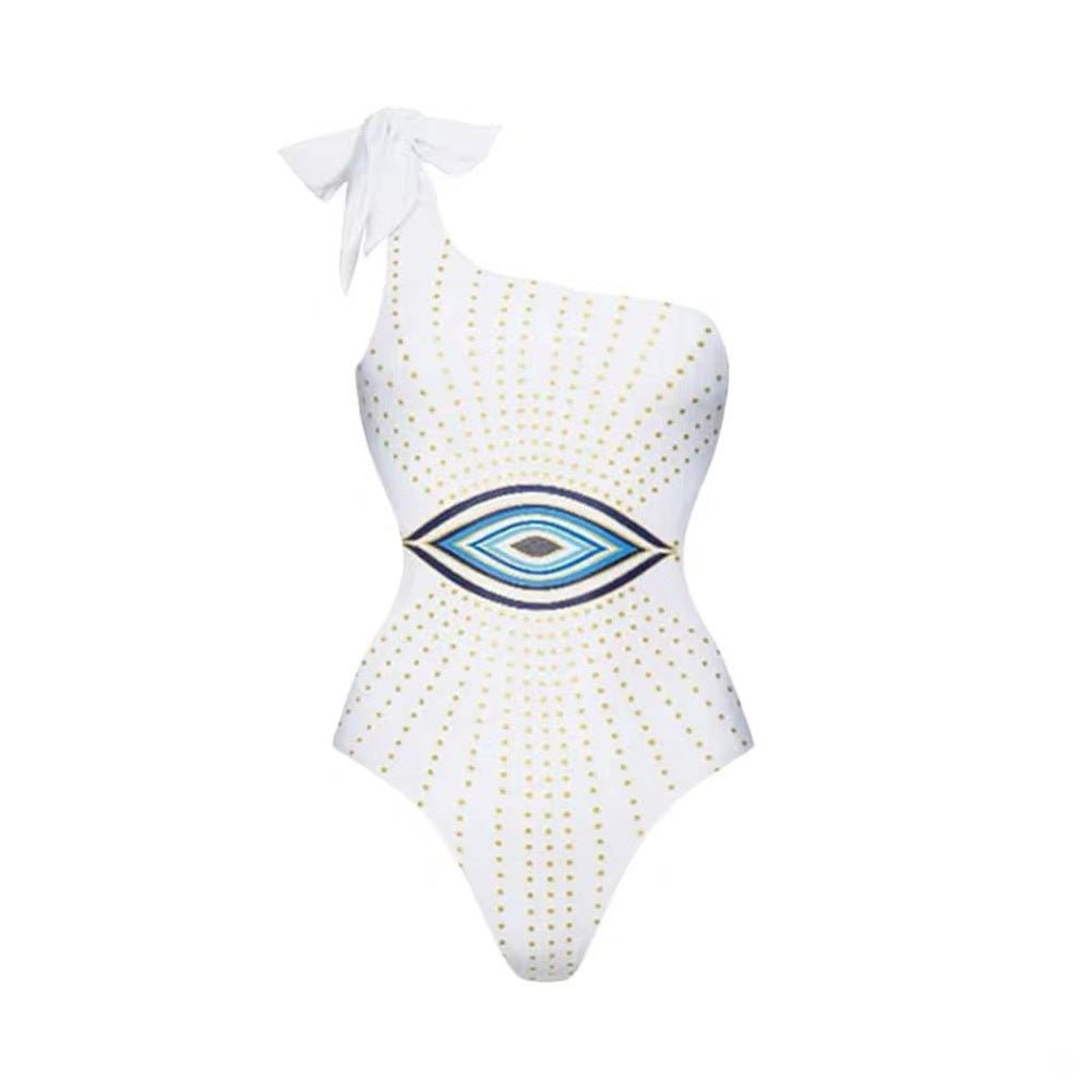 Evil Eye One Shoulder Monokini Swimwear with Flared Skirt By Sinderella - Sinderella