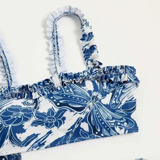 Floral Blue Straight Neck High Waisted Swim Wear With Flare Skirt By Sinderella - Sinderella