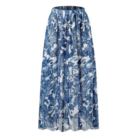 Floral Blue Straight Neck High Waisted Swim Wear With Flare Skirt By Sinderella - Sinderella