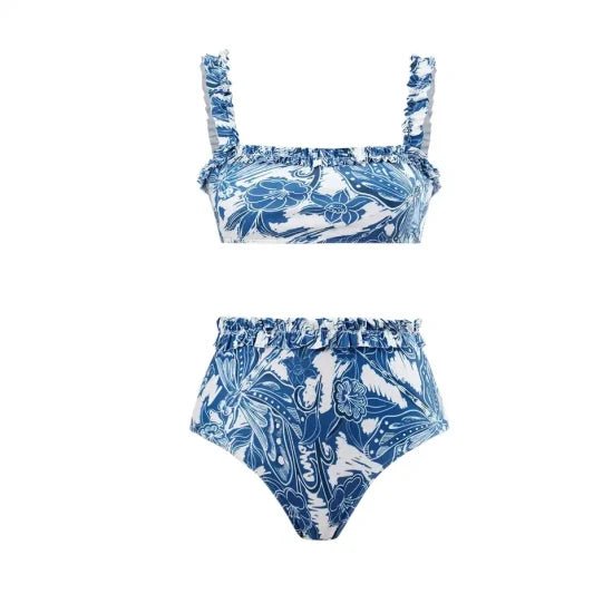 Floral Blue Straight Neck High Waisted Swim Wear With Flare Skirt By Sinderella - Sinderella