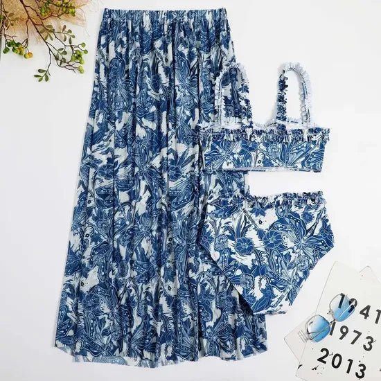 Floral Blue Straight Neck High Waisted Swim Wear With Flare Skirt By Sinderella - Sinderella