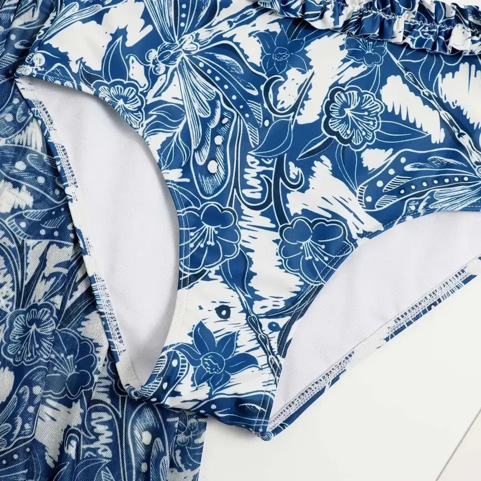 Floral Blue Straight Neck High Waisted Swim Wear With Flare Skirt By Sinderella - Sinderella