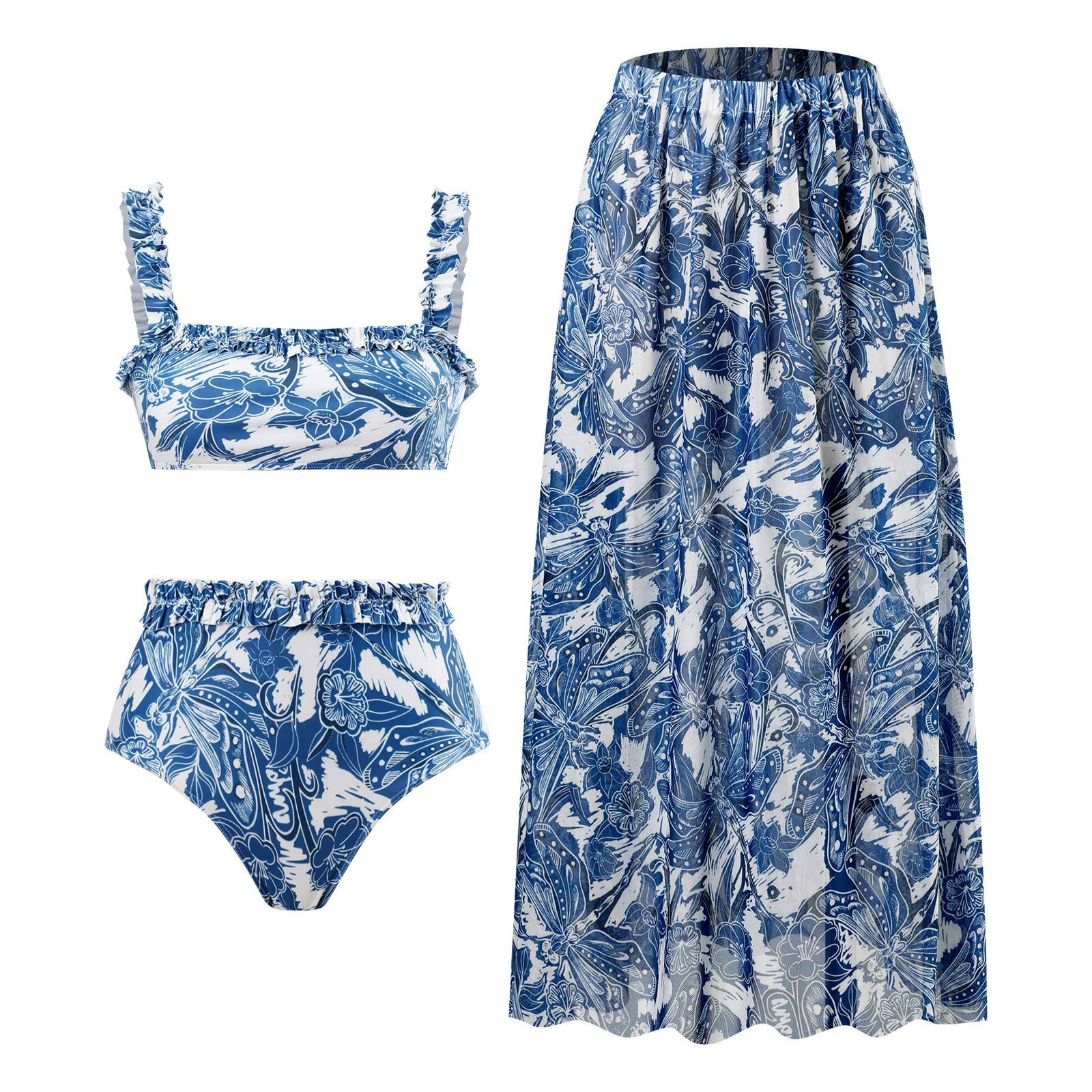 Floral Blue Straight Neck High Waisted Swim Wear With Flare Skirt By Sinderella - Sinderella