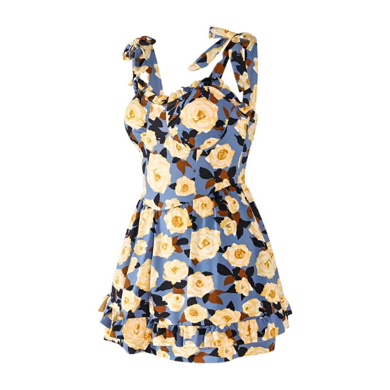 Floral Print Tieup Sleeves Swim Wear Dress By Sinderella - Sinderella