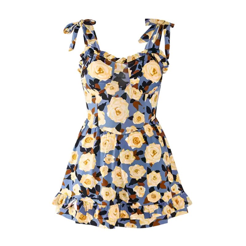 Floral Print Tieup Sleeves Swim Wear Dress By Sinderella - Sinderella