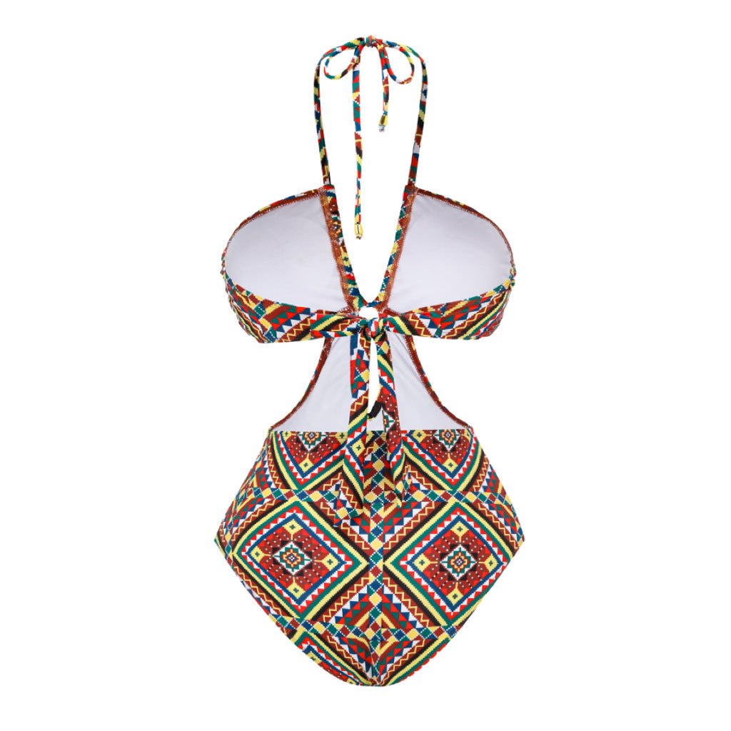 Geometric Design Monokini backless Tieup With Sarong Skirt By Sinderella - Sinderella