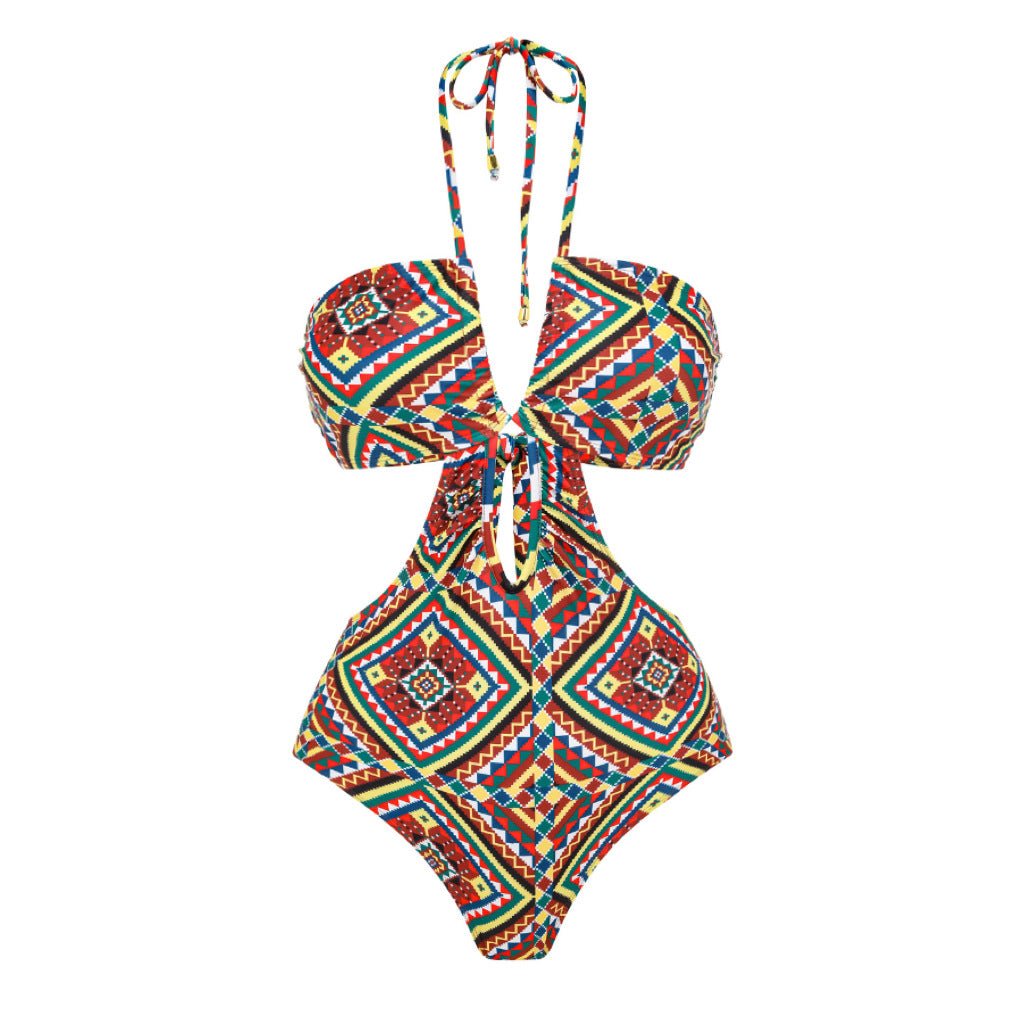 Geometric Design Monokini backless Tieup With Sarong Skirt By Sinderella - Sinderella