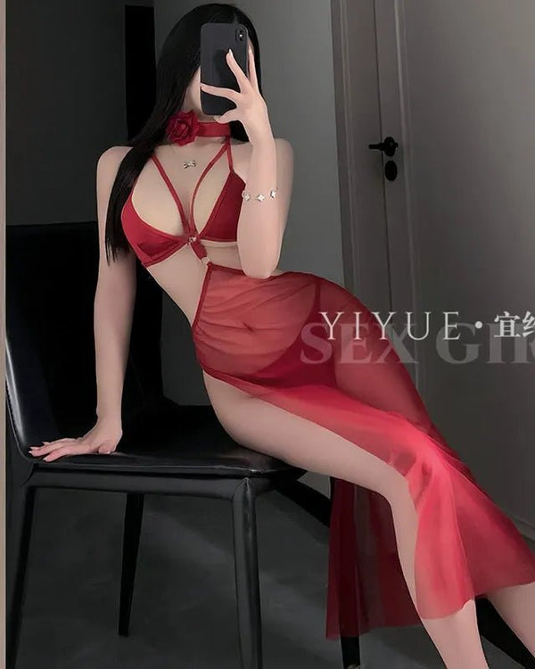 Heat Check Sheer Rose Halter Lingerie - Sinderella