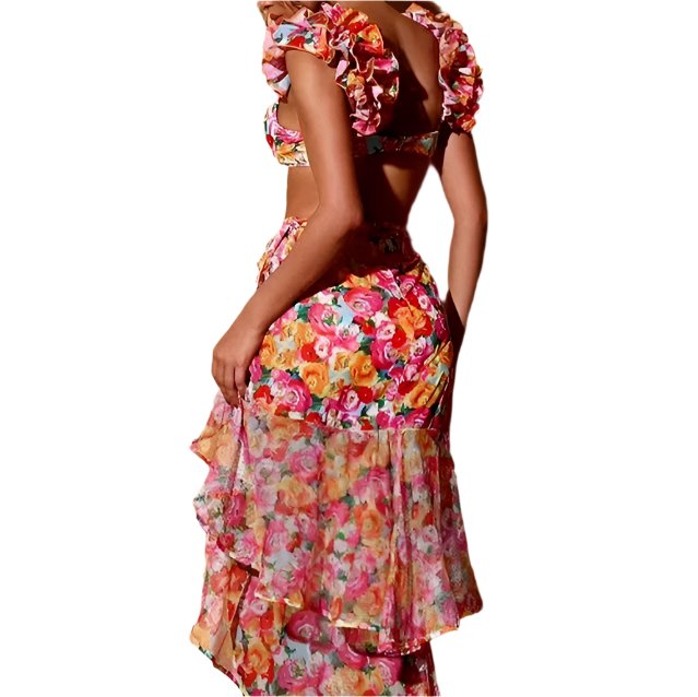 High Waist Floral Two Peice Bikini Set WIth Ruffle Skirt By SInderella - Sinderella