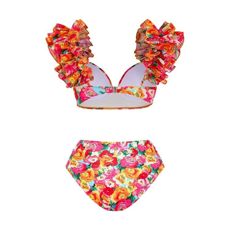 High Waist Floral Two Peice Bikini Set WIth Ruffle Skirt By SInderella - Sinderella