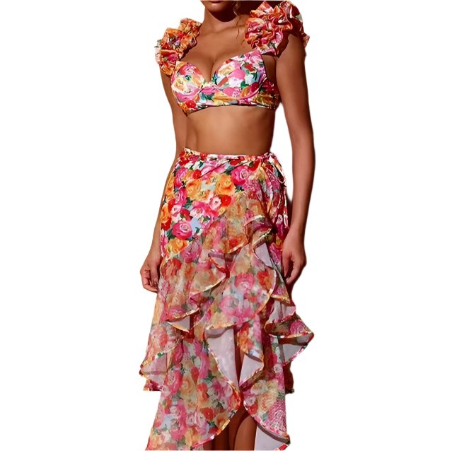 High Waist Floral Two Peice Bikini Set WIth Ruffle Skirt By SInderella - Sinderella