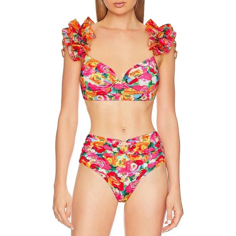 High Waist Floral Two Peice Bikini Set WIth Ruffle Skirt By SInderella - Sinderella