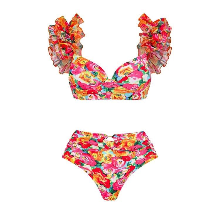 High Waist Floral Two Peice Bikini Set WIth Ruffle Skirt By SInderella - Sinderella