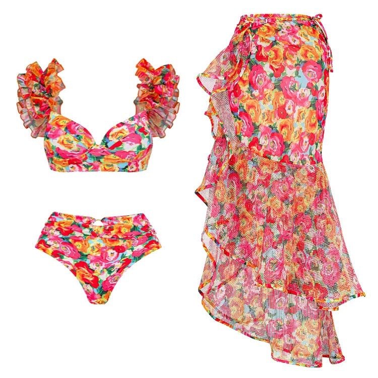 High Waist Floral Two Peice Bikini Set WIth Ruffle Skirt By SInderella - Sinderella