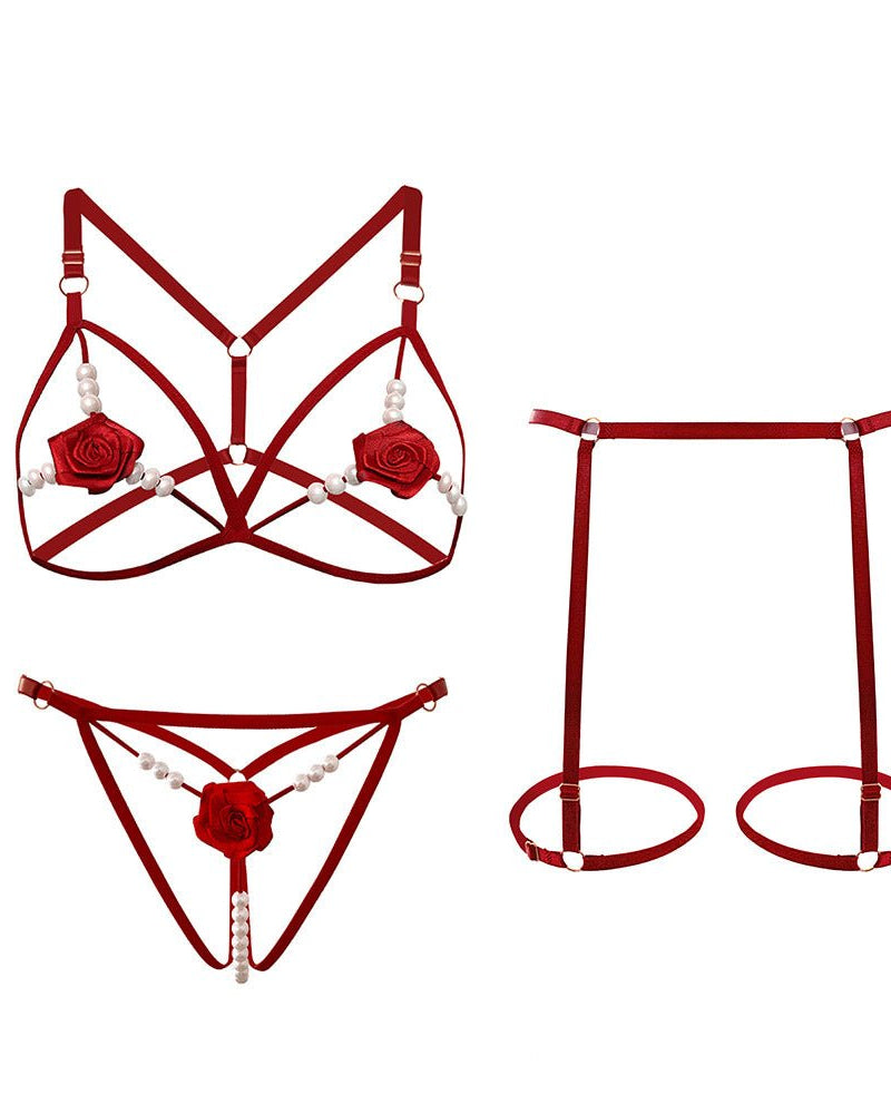 Jenna Pearl Embellished Lingerie Set With Garter Belt - Sinderella