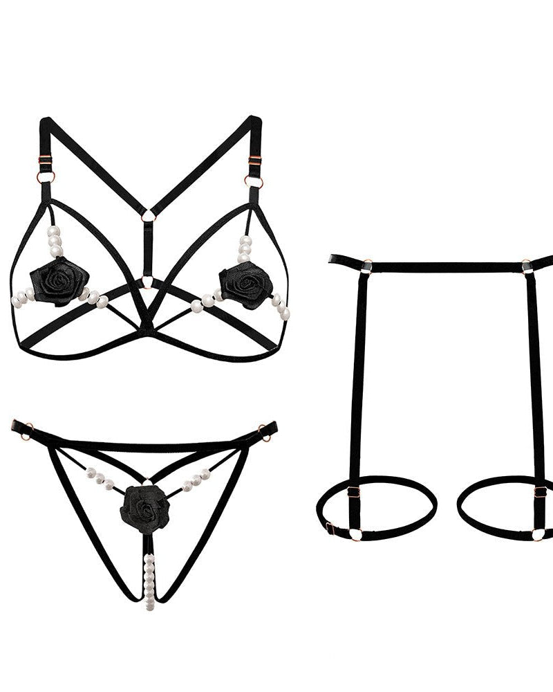 Jenna Pearl Embellished Lingerie Set With Garter Belt - Sinderella