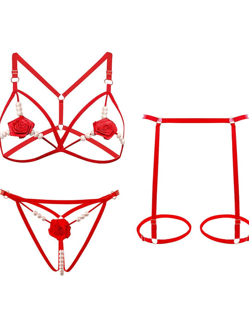 Jenna Pearl Embellished Lingerie Set With Garter Belt - Sinderella