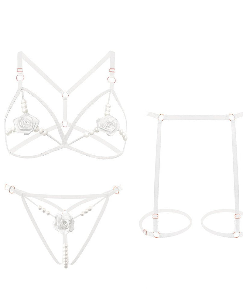 Jenna Pearl Embellished Lingerie Set With Garter Belt - Sinderella