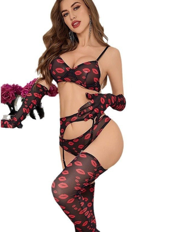 Kiss Me Deadly Red Lip Print Lingerie Set - Sinderella