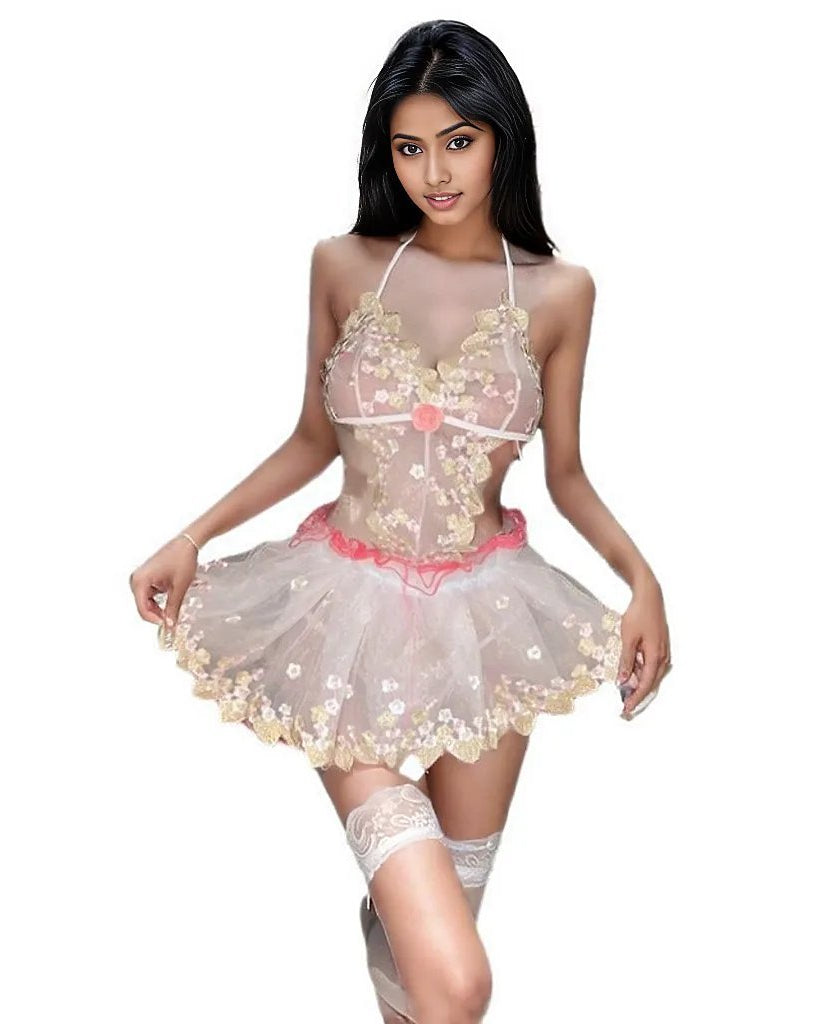 Laney Floral Sheer Two Piece Lingerie With Stockings - Sinderella