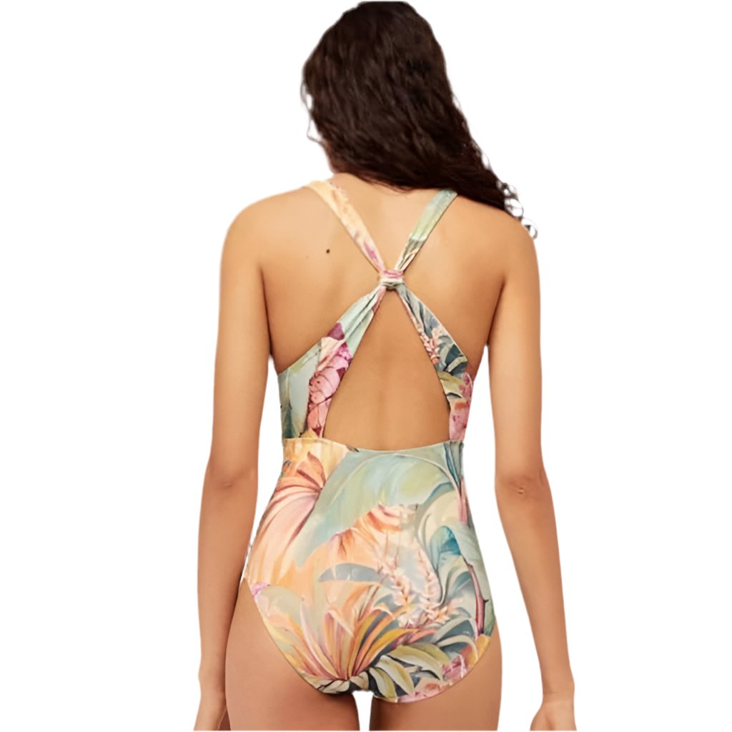 Monokini Criss Cross Back Floral Swimsuit With Short Sarong By Sinderella - Sinderella