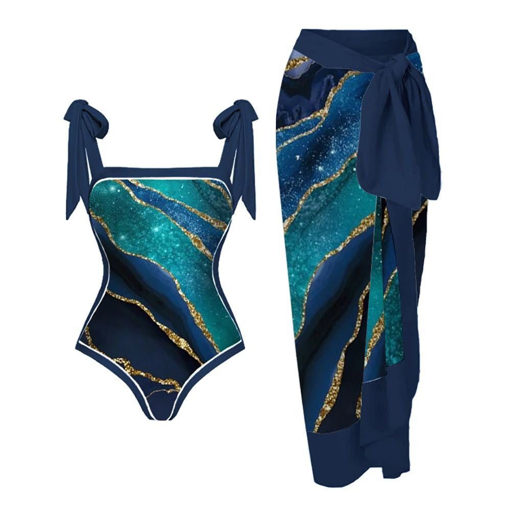 Monokini Galaxy Print Tie Up Swimsuit With Wrap Around Tie Up Sarong Skirt By Sinderella - Sinderella