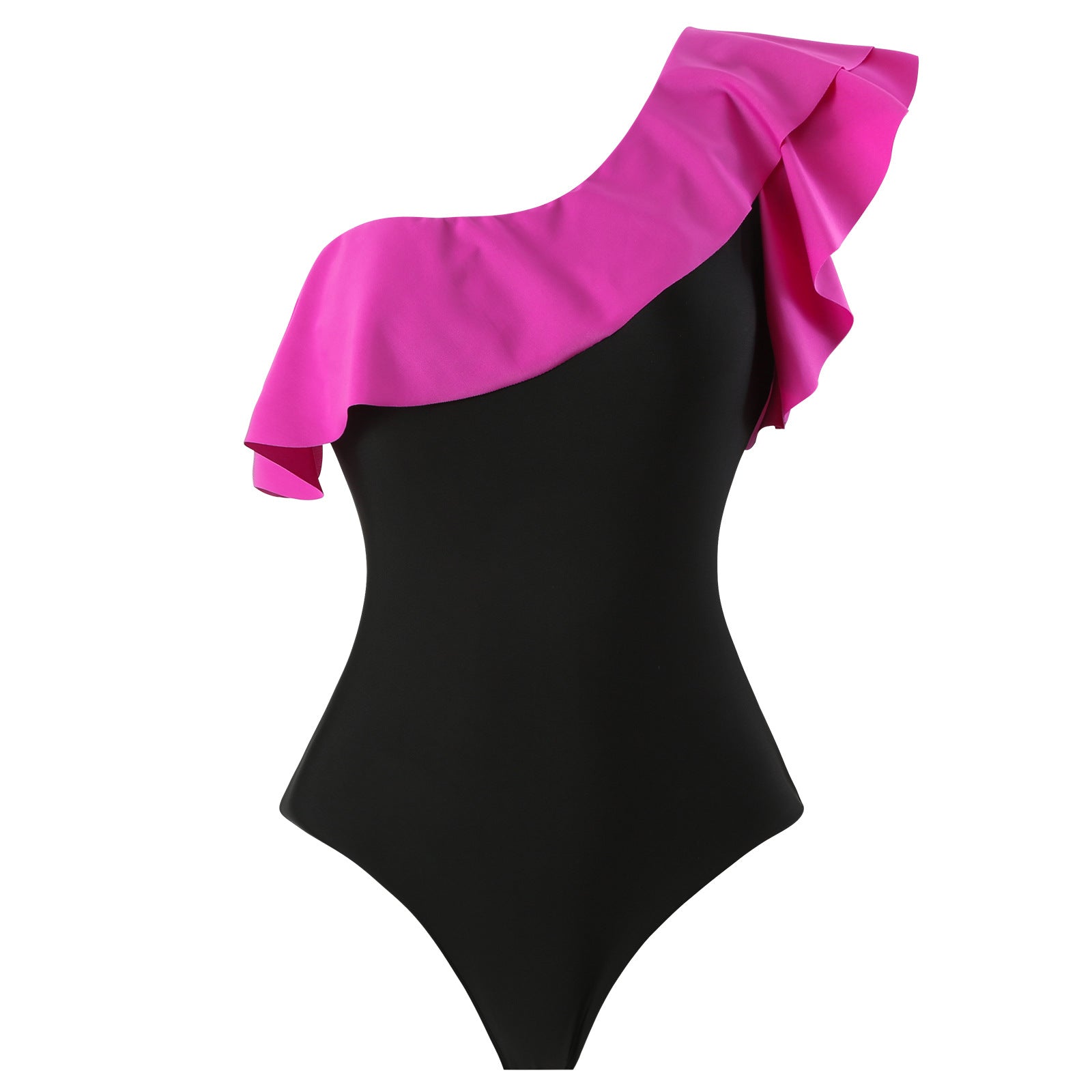 Monokini One Shoulder Black and Pink Swimsuit With Coverup Skirt By Sinderella - Sinderella