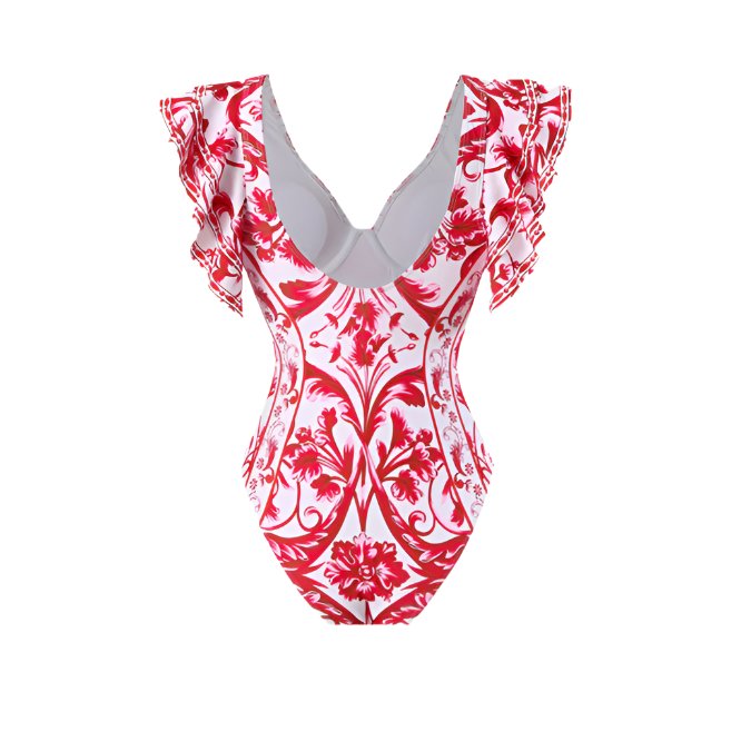One Peice Floral Red Swimwear with Sarong By Sinderella - Sinderella