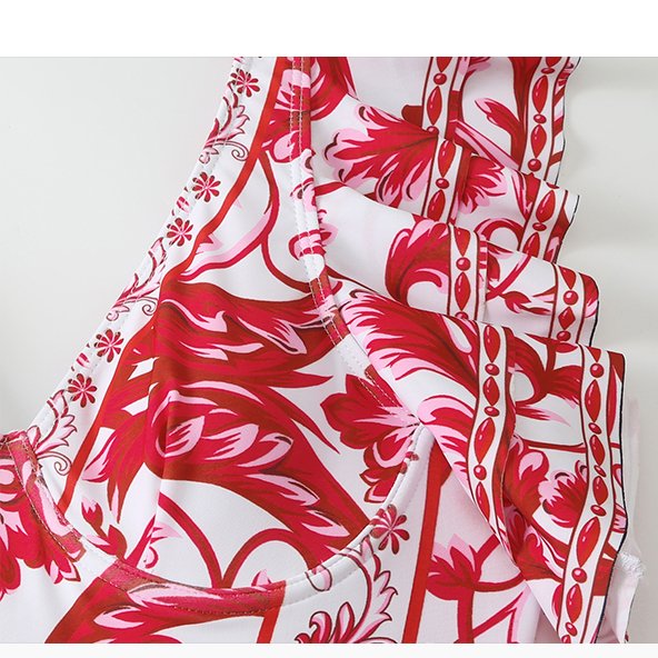 One Peice Floral Red Swimwear with Sarong By Sinderella - Sinderella