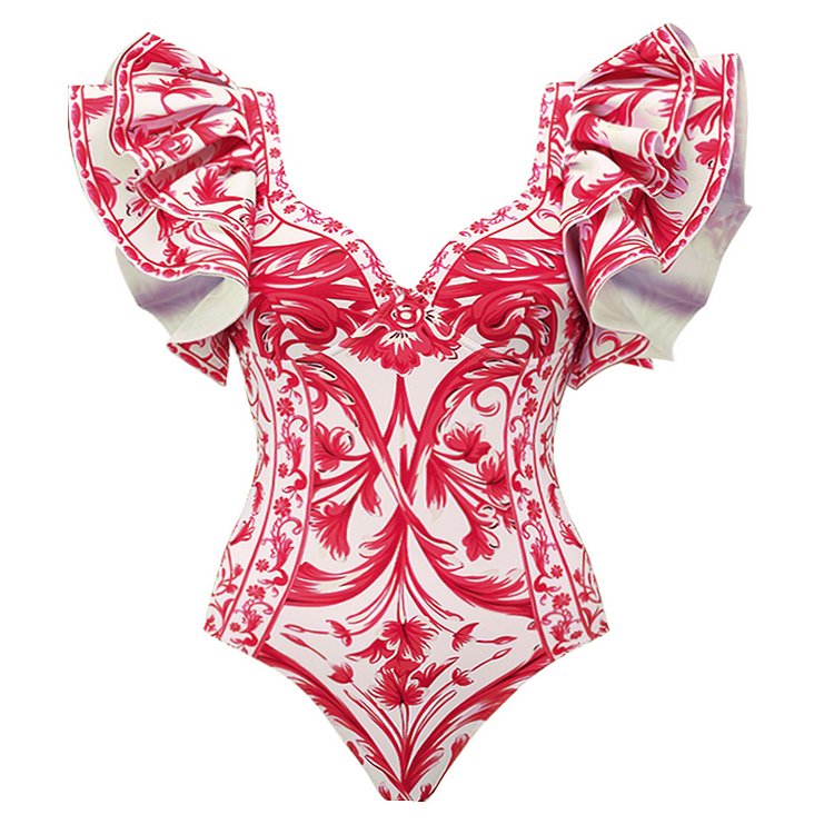 One Peice Floral Red Swimwear with Sarong By Sinderella - Sinderella