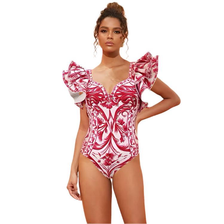 One Peice Floral Red Swimwear with Sarong By Sinderella - Sinderella
