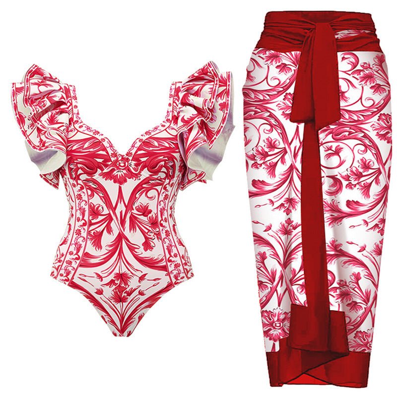 One Peice Floral Red Swimwear with Sarong By Sinderella - Sinderella