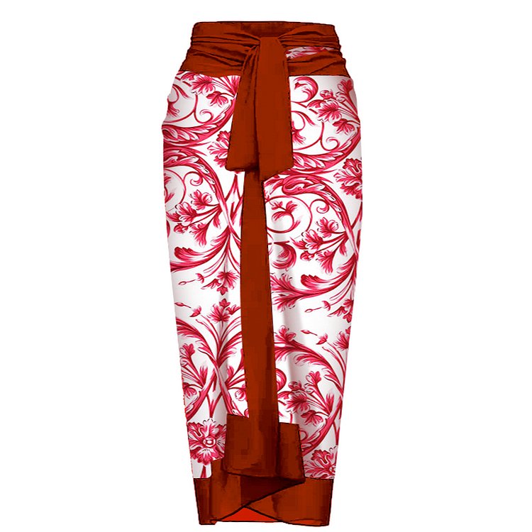 One Peice Floral Red Swimwear with Sarong By Sinderella - Sinderella