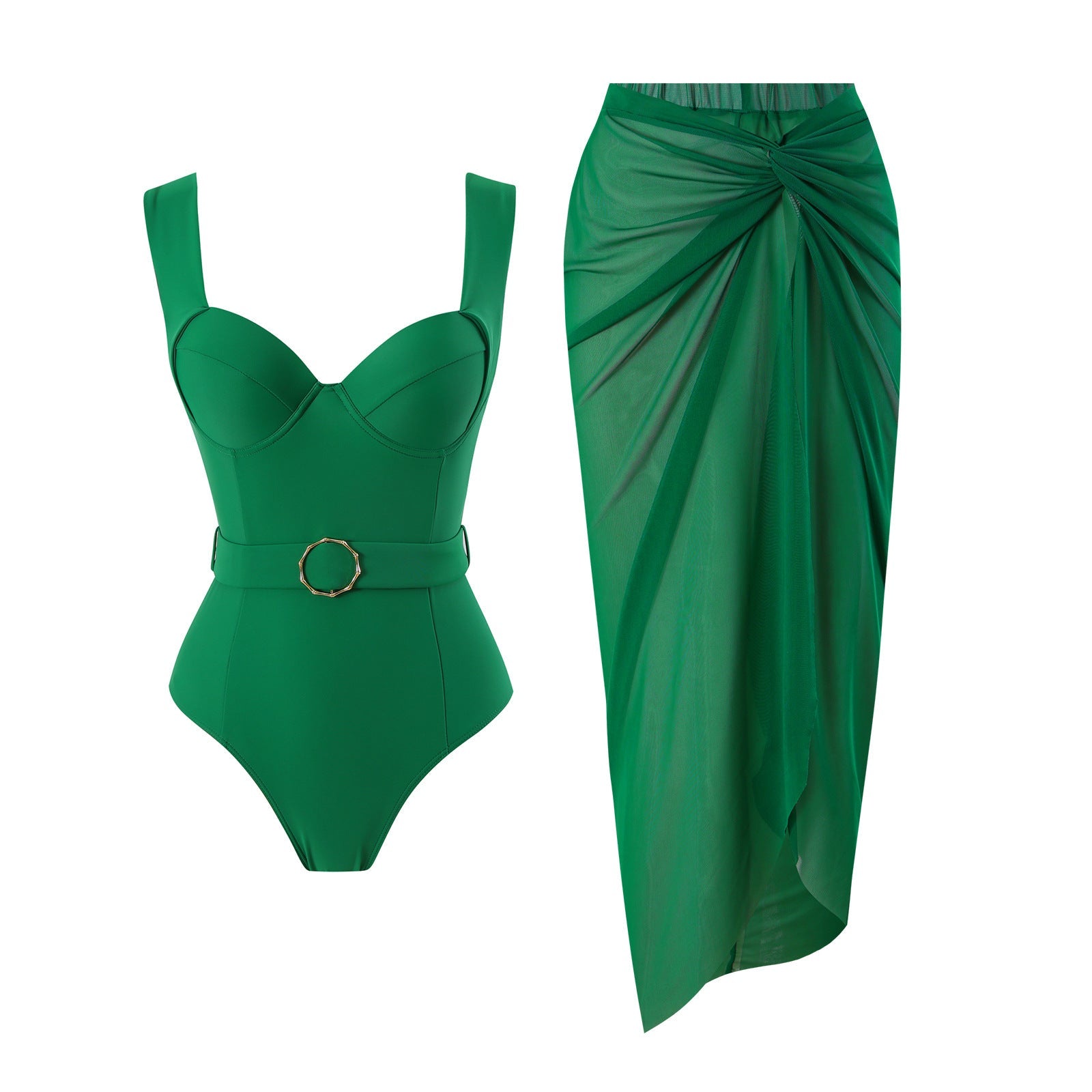 One Peice Solid Color Swimwear with Sarong By Sinderella - Sinderella