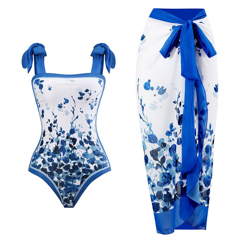 One Piece Blue Petals Tie Up Swimsuit With Wrap Around Tie Up Sarong Skirt By Sinderella - Sinderella