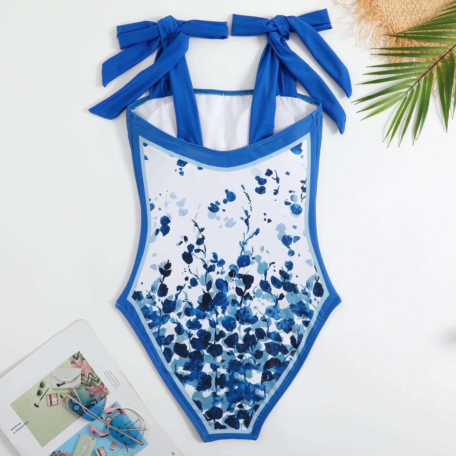 One Piece Blue Petals Tie Up Swimsuit With Wrap Around Tie Up Sarong Skirt By Sinderella - Sinderella