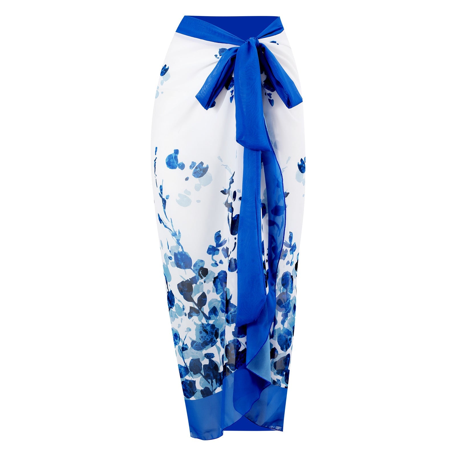 One Piece Blue Petals Tie Up Swimsuit With Wrap Around Tie Up Sarong Skirt By Sinderella - Sinderella