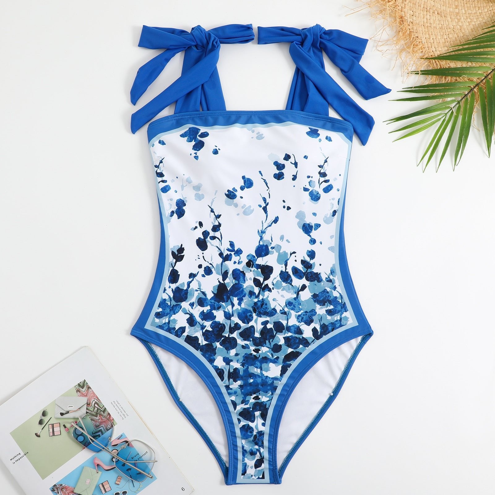 One Piece Blue Petals Tie Up Swimsuit With Wrap Around Tie Up Sarong Skirt By Sinderella - Sinderella