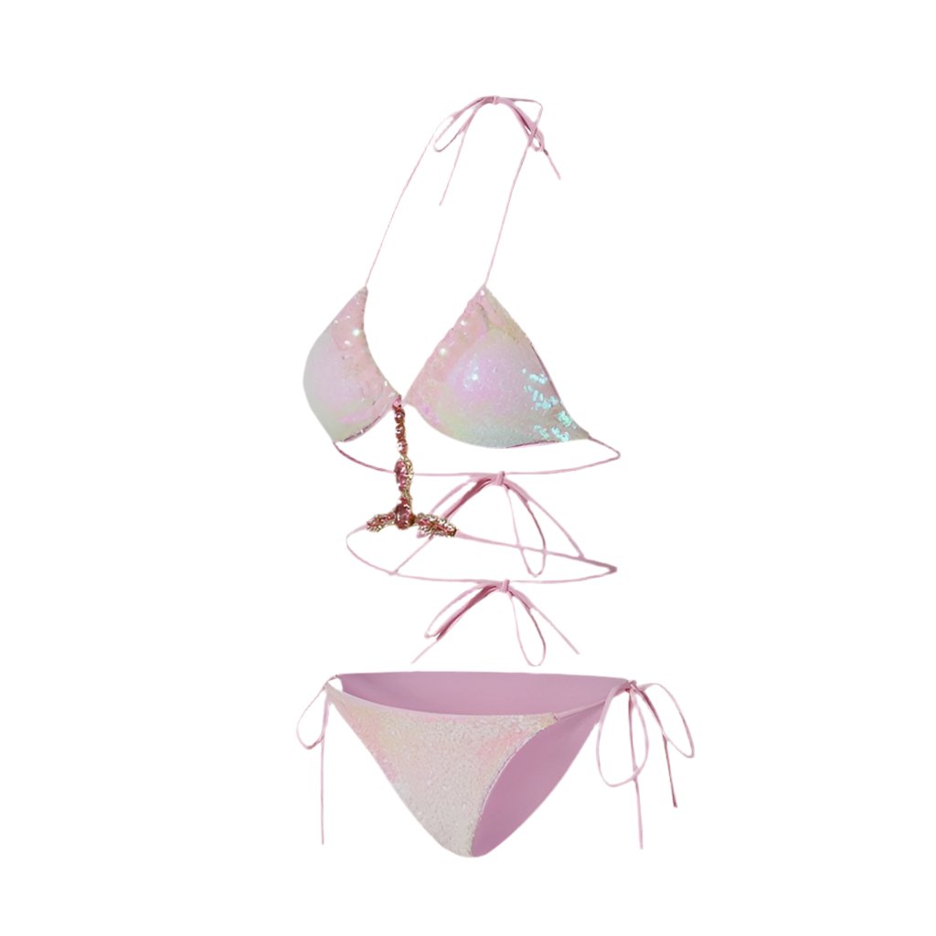 Pink Glitter Embellished Two Piece Swimwear With Coverup By Sinderella - Sinderella