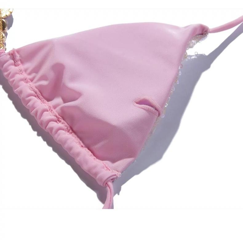 Pink Glitter Embellished Two Piece Swimwear With Coverup By Sinderella - Sinderella