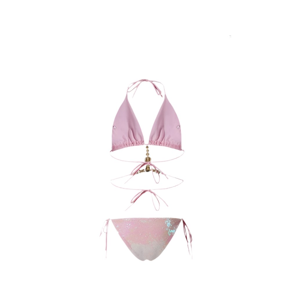 Pink Glitter Embellished Two Piece Swimwear With Coverup By Sinderella - Sinderella