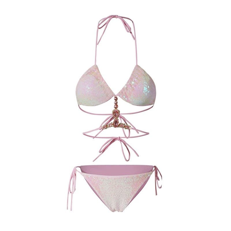 Pink Glitter Embellished Two Piece Swimwear With Coverup By Sinderella - Sinderella