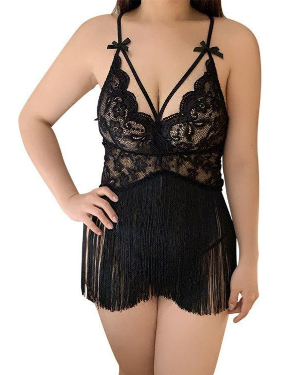 Plus Size Lace Fringe Backless Lingerie Set - Sinderella