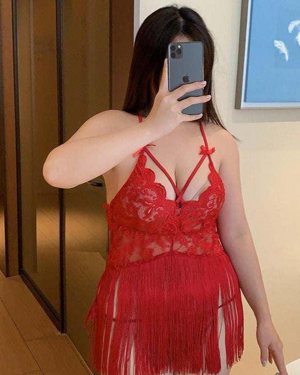 Plus Size Lace Fringe Backless Lingerie Set - Sinderella